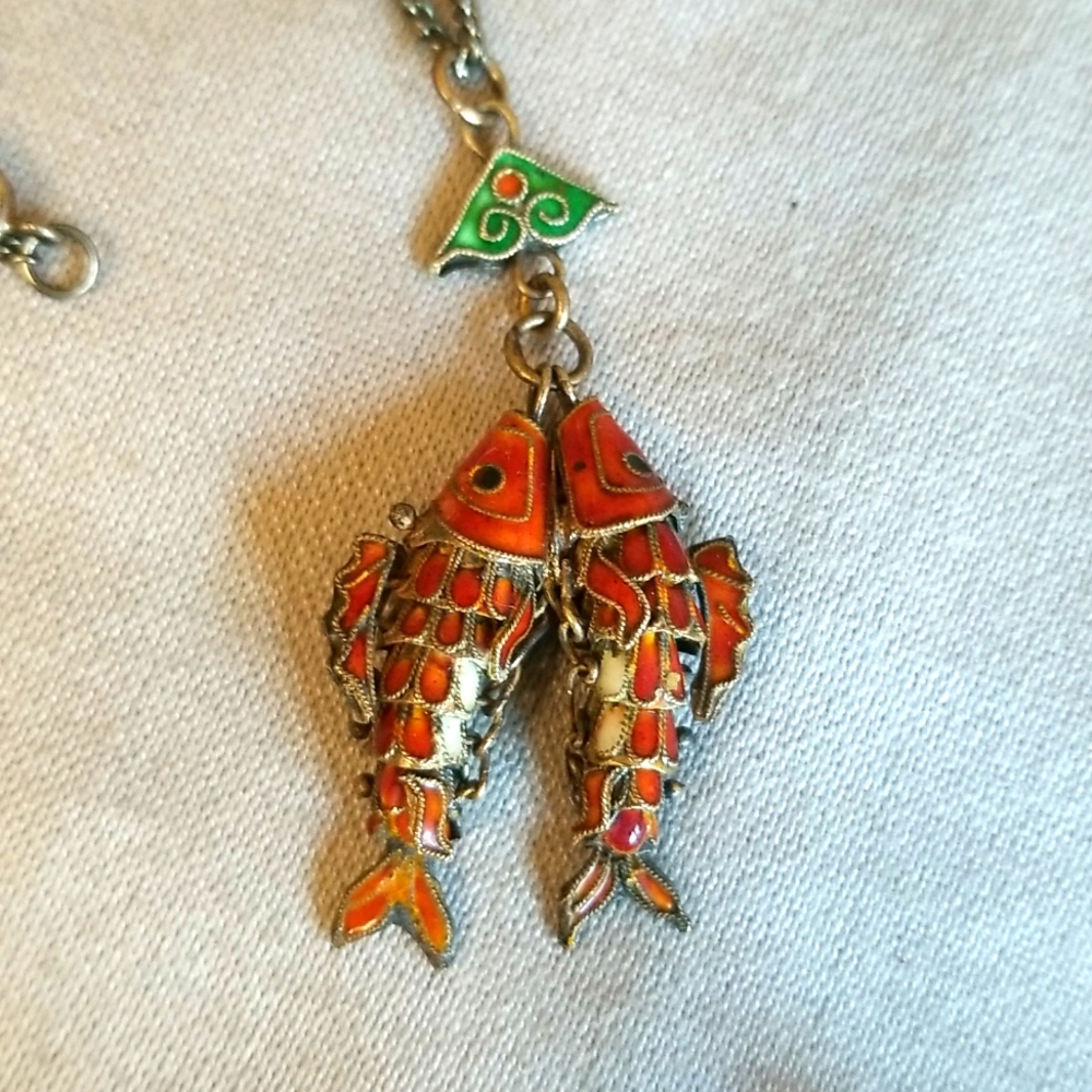 ARTICULATE ENAMEL CLOISONNE DOUBLE Gold FISH zodiac Necklace